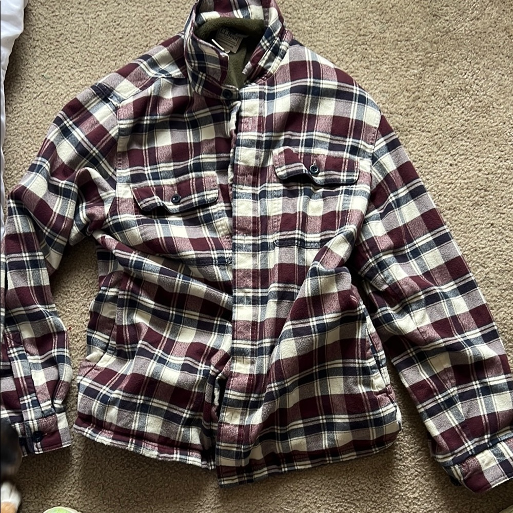 Plaid Men's Jacket - Burgundy and Cream LL Bean Fleece Inside